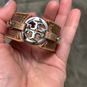 Rose gold leather cuff bracelet.